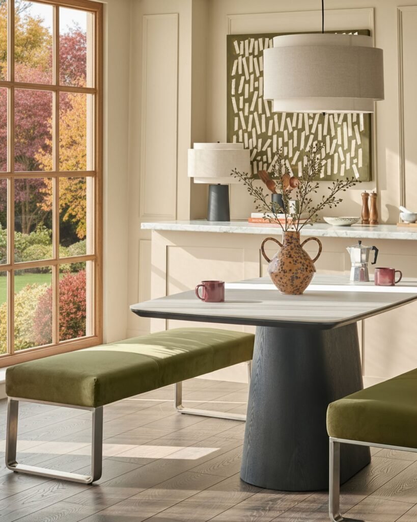 Dusk Scotland Loop olive green velvet stainless steel 3 seater dining bench without backrest Front