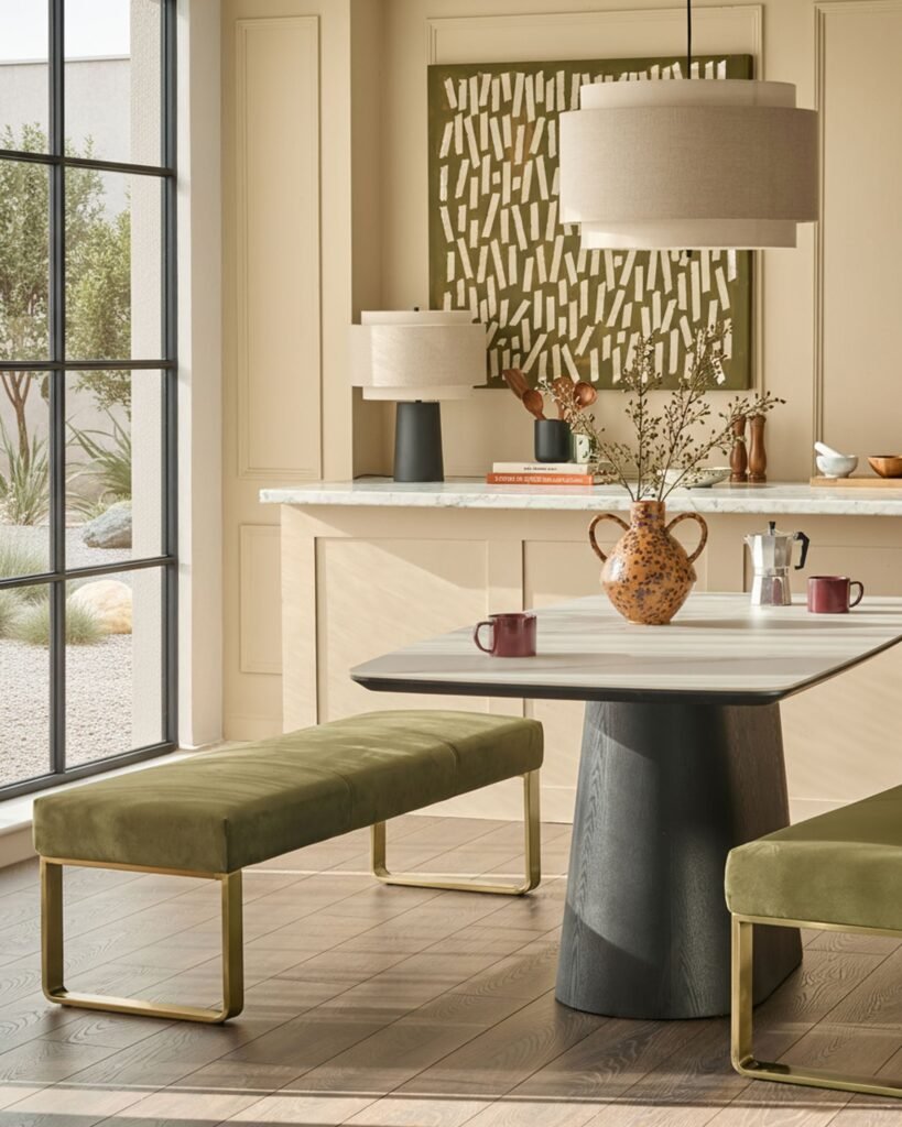 Loop olive green velvet brushed brass 3 seater dining bench without backrest – Dusk England Front