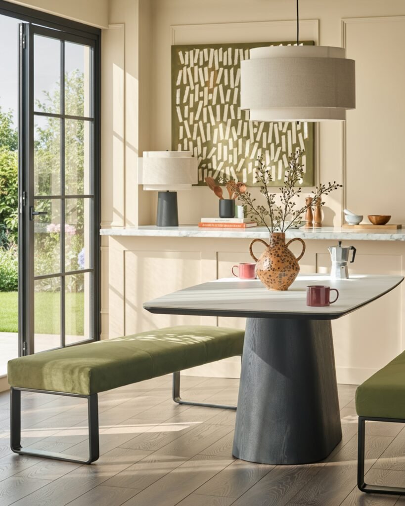 Loop olive green velvet 3 seater black metal dining bench without backrest – Dusk England Front