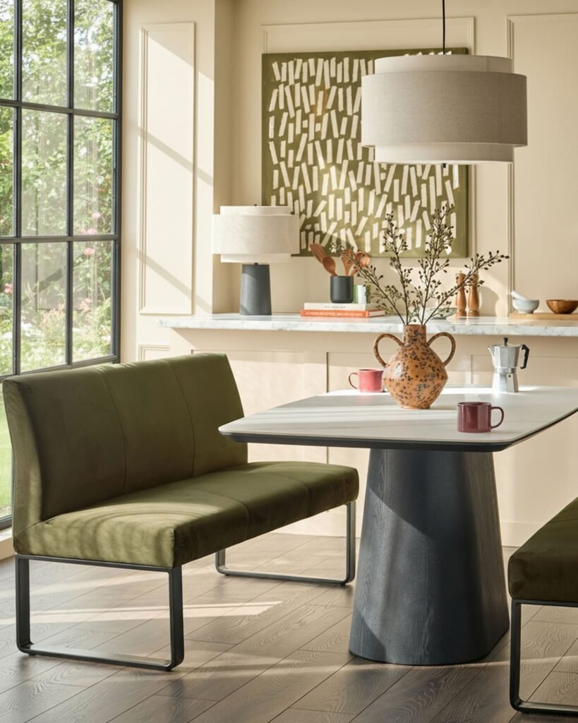 Loop olive green velvet 3 seater Dusk England black metal dining bench with backrest Front