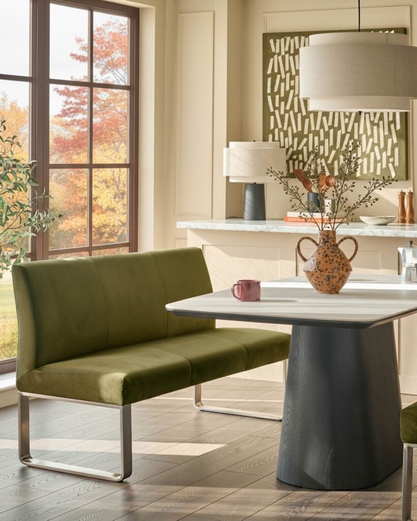 Dusk Loop olive green velvet stainless steel 3 seater dining bench with backrest Front