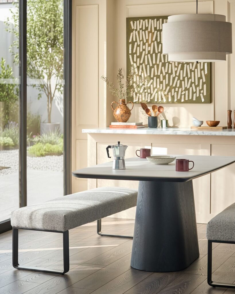 Loop grey fabric 3 seater black metal dining bench without backrest – Dusk Front