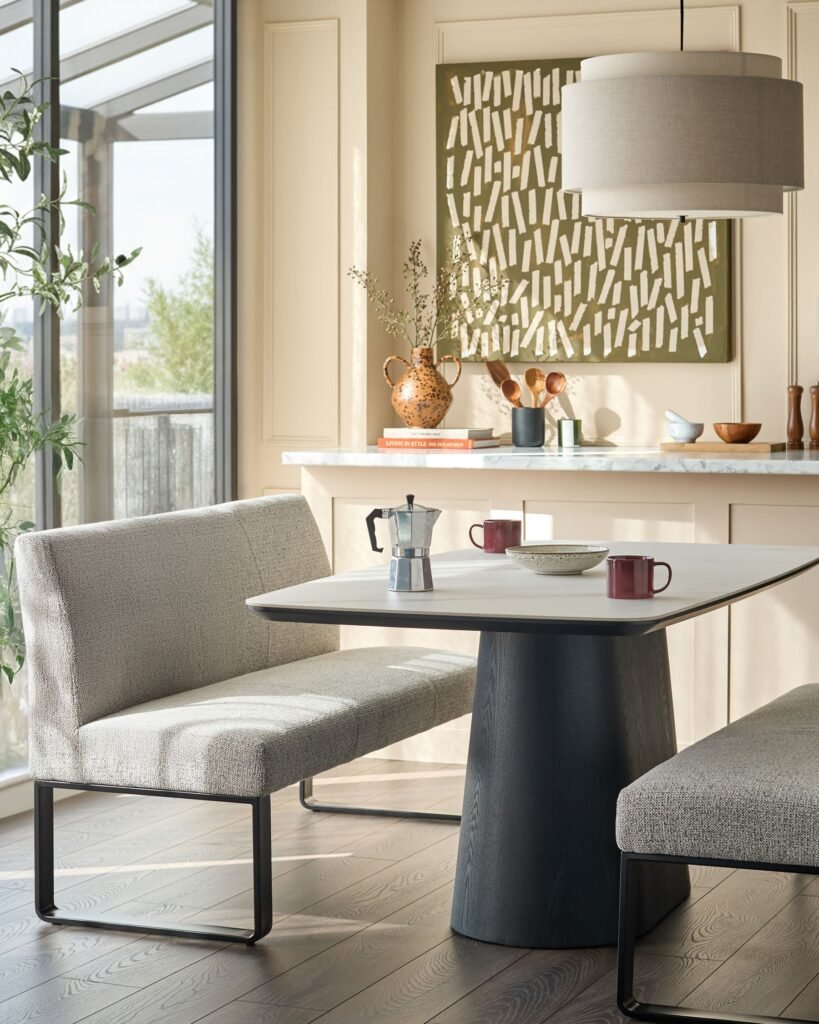 Loop grey fabric 3 seater black metal dining bench with backrest – Dusk Front