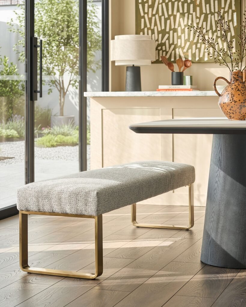 Dusk England Loop grey fabric brushed brass 3 seater dining bench without backrest Front