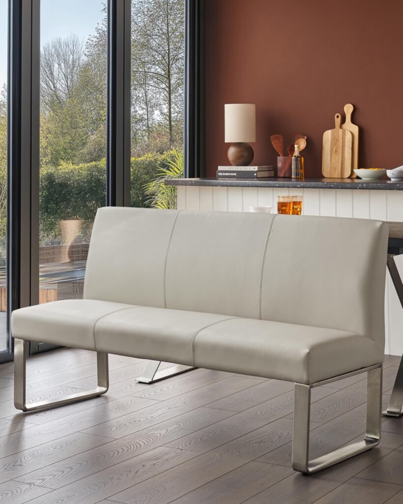 Loop 3 Seater Light Grey Faux Leather Dusk Scotland & Stainless Steel Dining Bench With Backrest Front