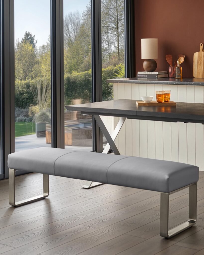 Loop 3 Seater Grey Faux Leather Dusk Scotland & Stainless Steel Bench Without Backrest Front