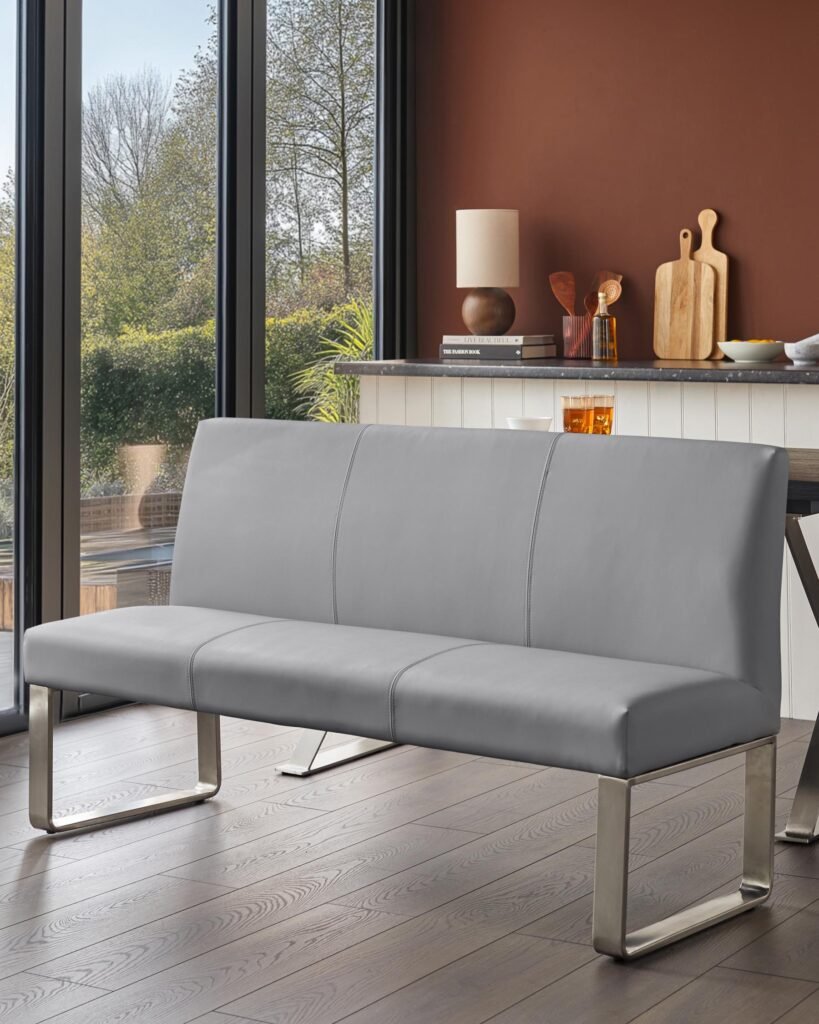 Loop 3 Seater Grey Faux Leather Dusk & Stainless Steel Dining Bench With Backrest Front