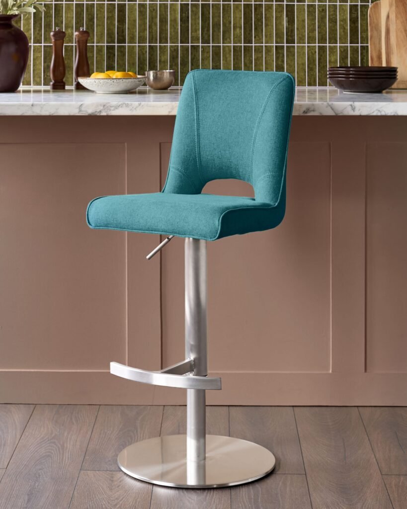 Ludo Teal Fabric Dusk Scotland Gas Lift Bar Stool Front