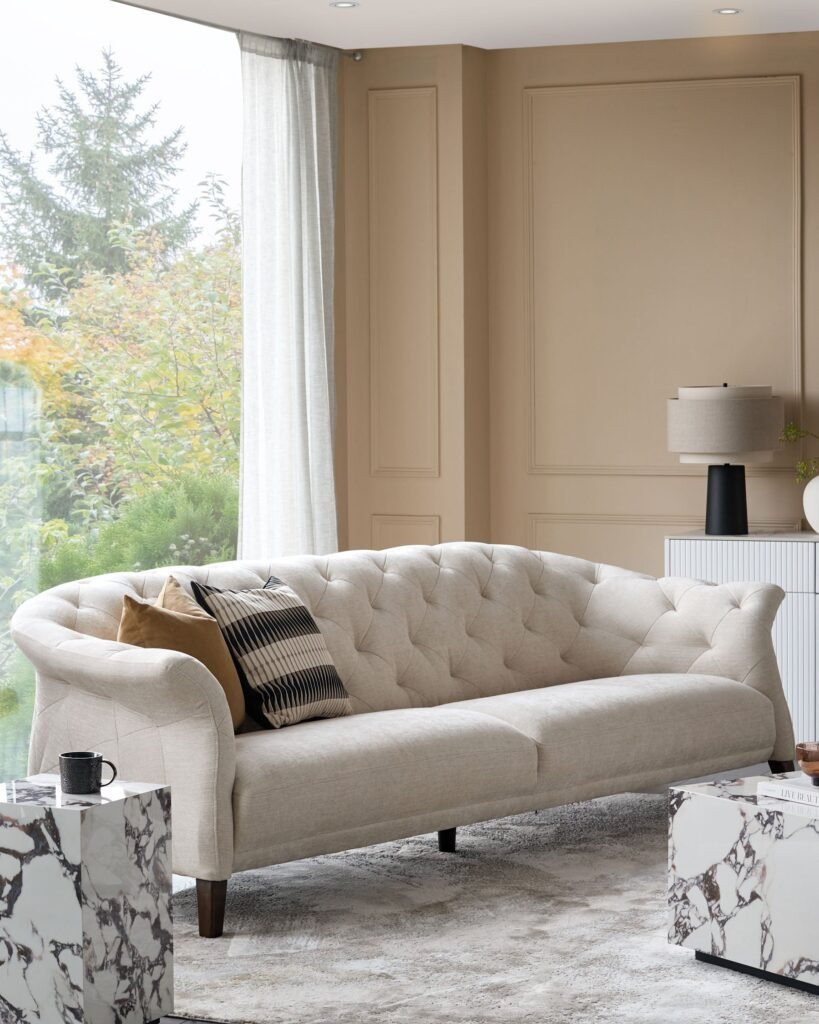 Dusk Luxe ivory chenille 3 seater sofa Front