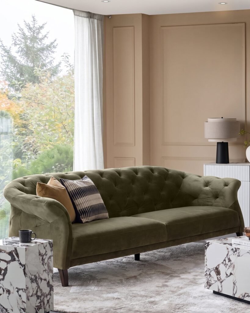 Luxe olive green Dusk Scotland velvet 3 seater sofa Front