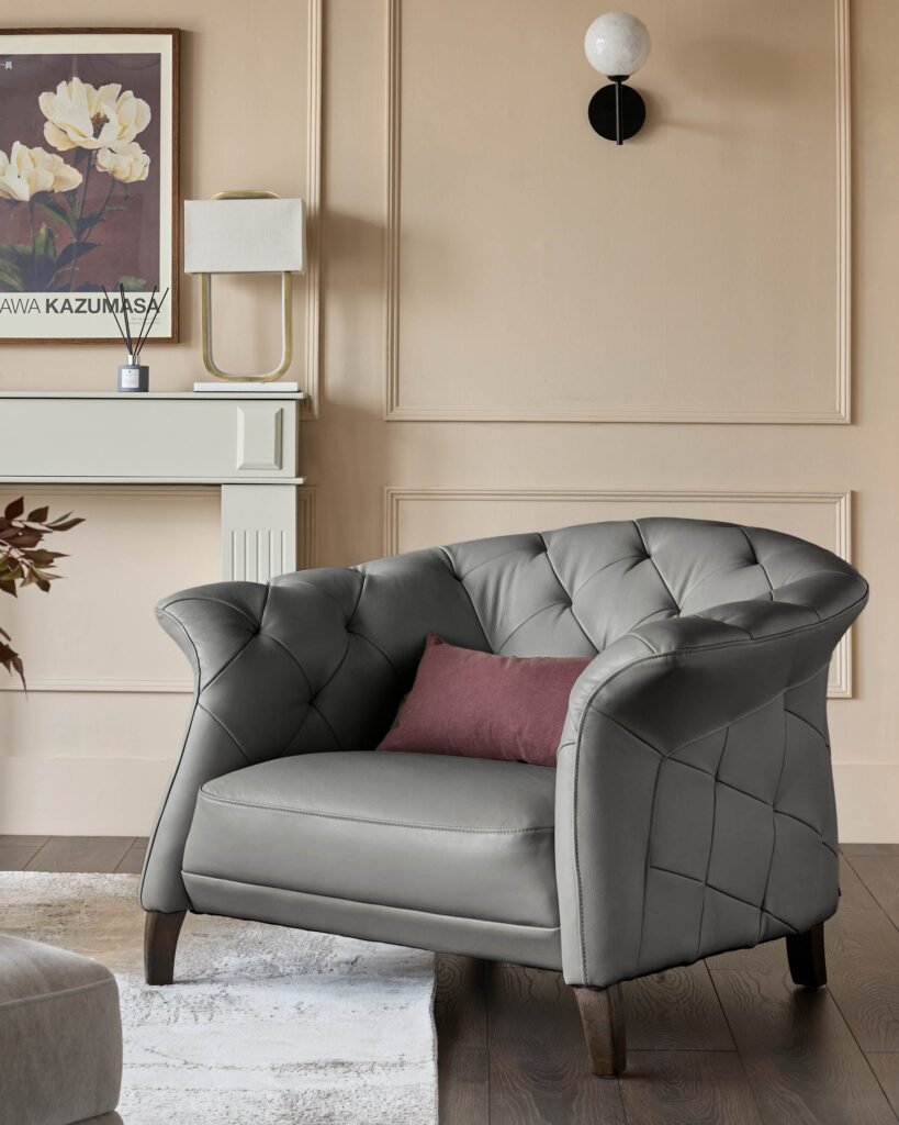 Luxe Modern Dark Grey Leather And Dark Wood Leg Armchair – Dusk Scotland Front