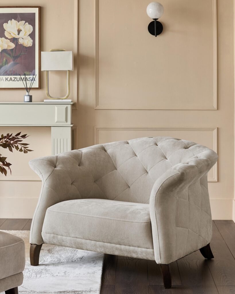 Luxe ivory Dusk England chenille armchair Front