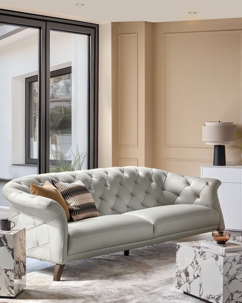Luxe natural grey leather with Dusk England dark wood 3 seater sofa Front