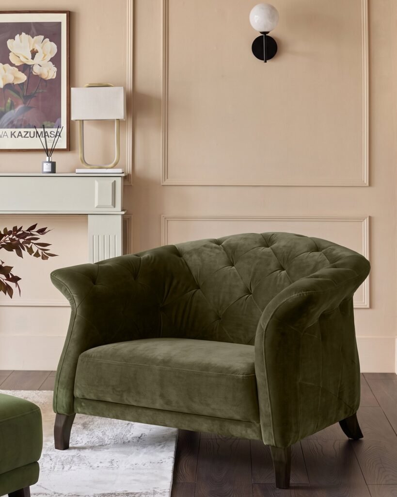 Dusk Luxe olive green velvet armchair Front