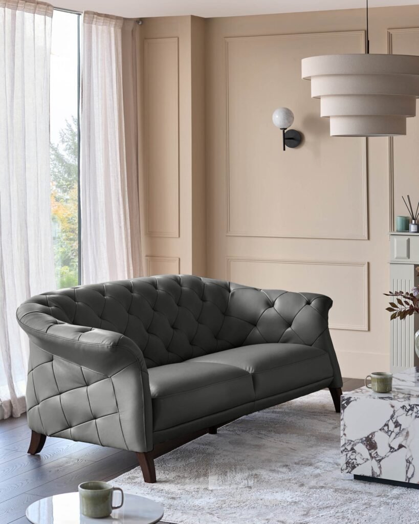 Luxe Dark Grey Dusk England Leather 2 Seater Sofa Front