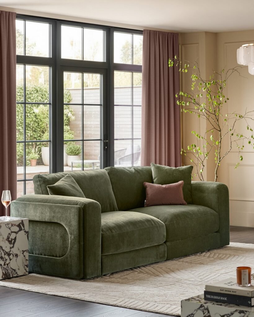 Lynetta dark green chenille 3 seater sofa – Dusk Scotland Front