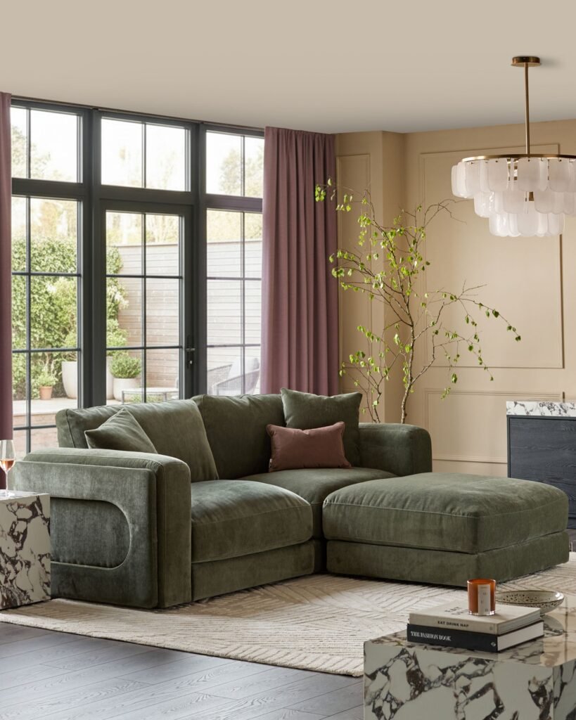 Lynetta dark green chenille Dusk 3 seater sofa with footstool Front