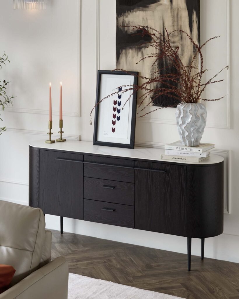 Manhattan Black Ash and Marbled Ceramic Large Sideboard – Dusk England Front