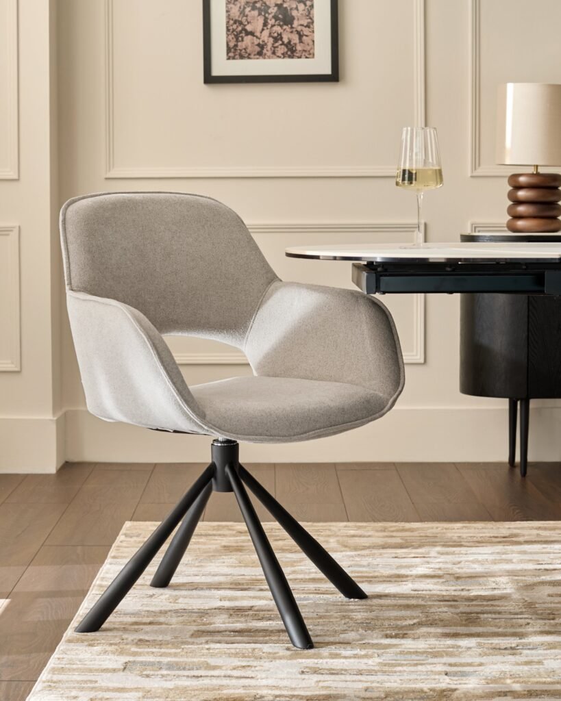 Marlow Swivel Black Metal Dining Chairs Light Grey Boucle – Dusk England Front