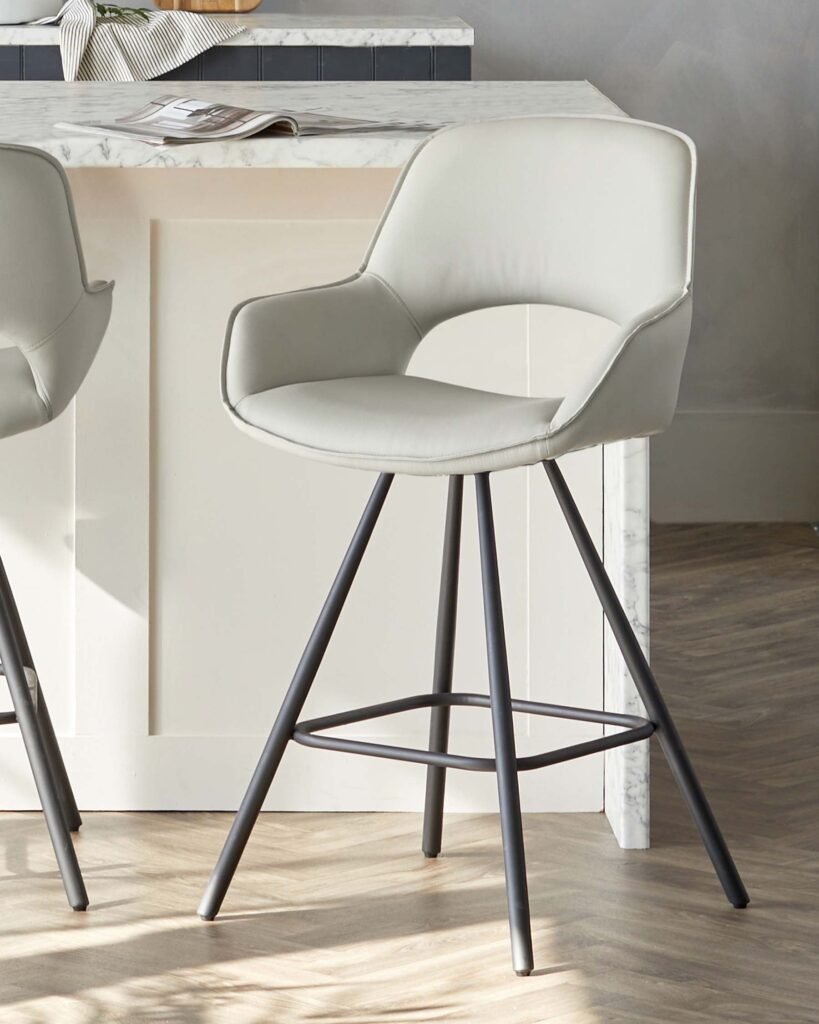 Dusk England Marlow Light Grey Faux Leather And Black Metal Swivel Bar Stool Front