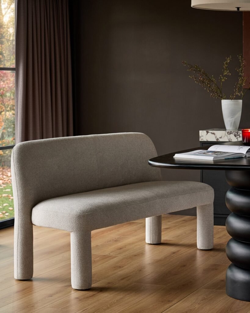 Mason light grey boucle 3 seater dining bench – Dusk Front