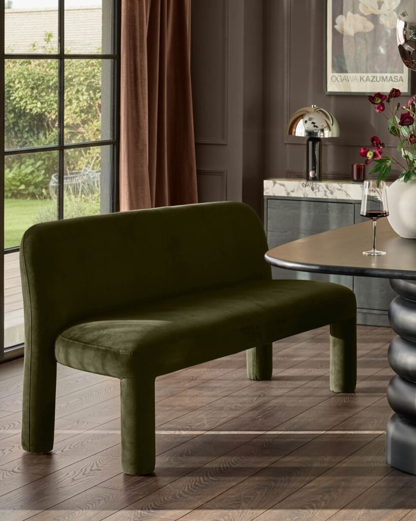 Mason olive green velvet 3 seater dining bench – Dusk Scotland Front
