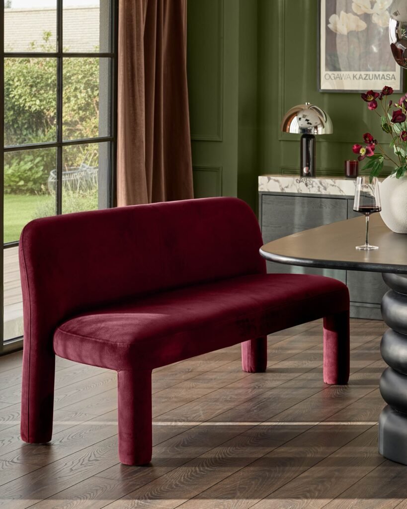 Mason plum velvet 3 seater dining bench – Dusk England Front