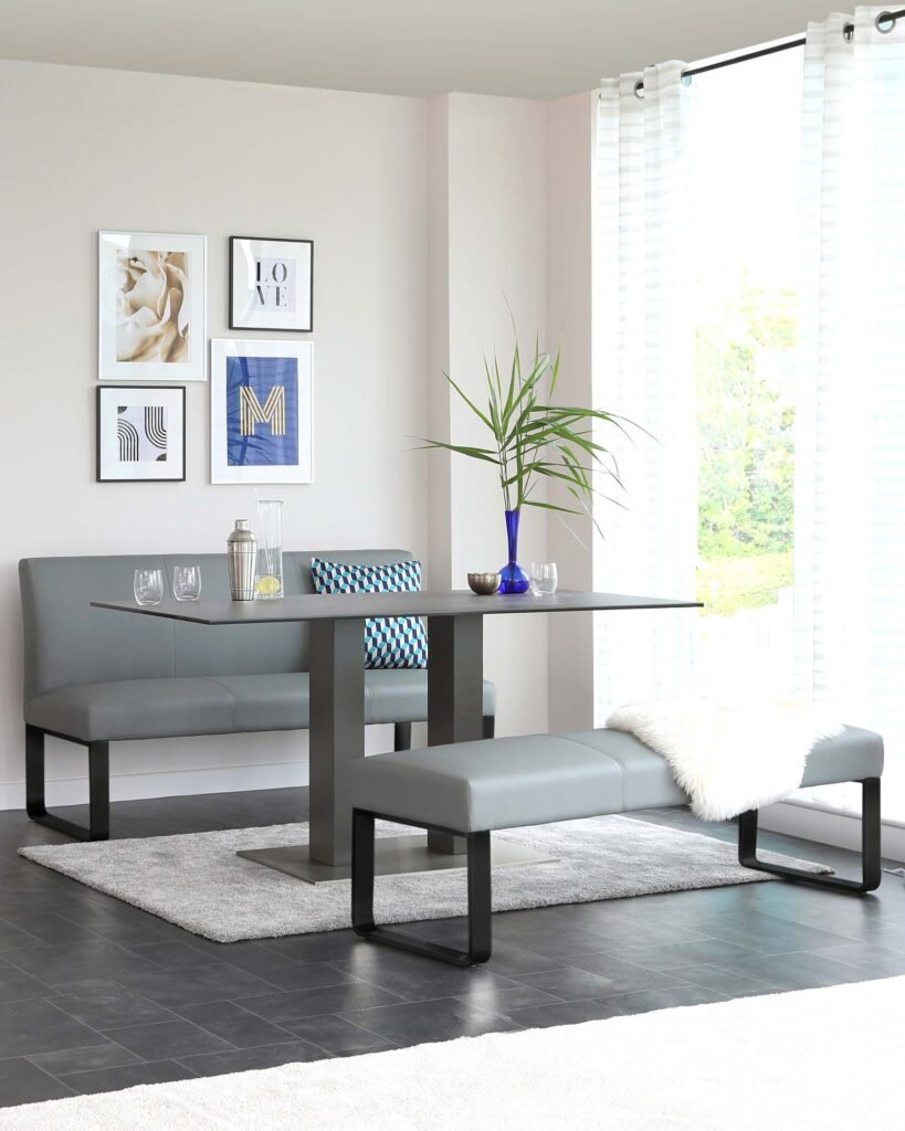 Loop Mid Grey Faux Leather & black leg 3 Seater Bench Without Backrest – Dusk England Front