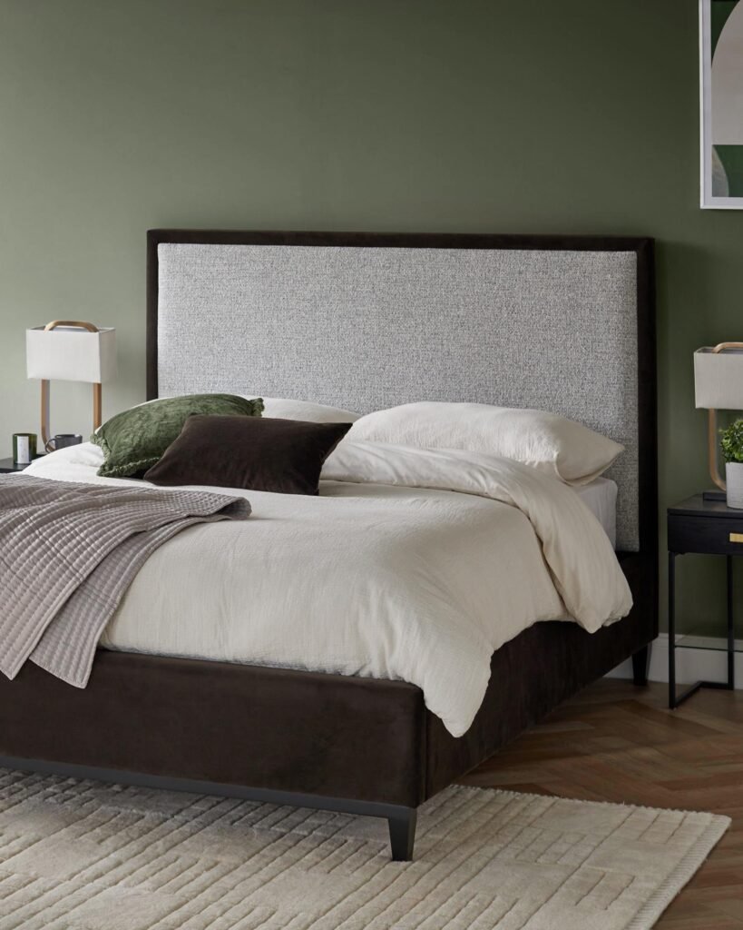 Monica grey fabric and dark chocolate Dusk England velvet king size ottoman storage bed Front