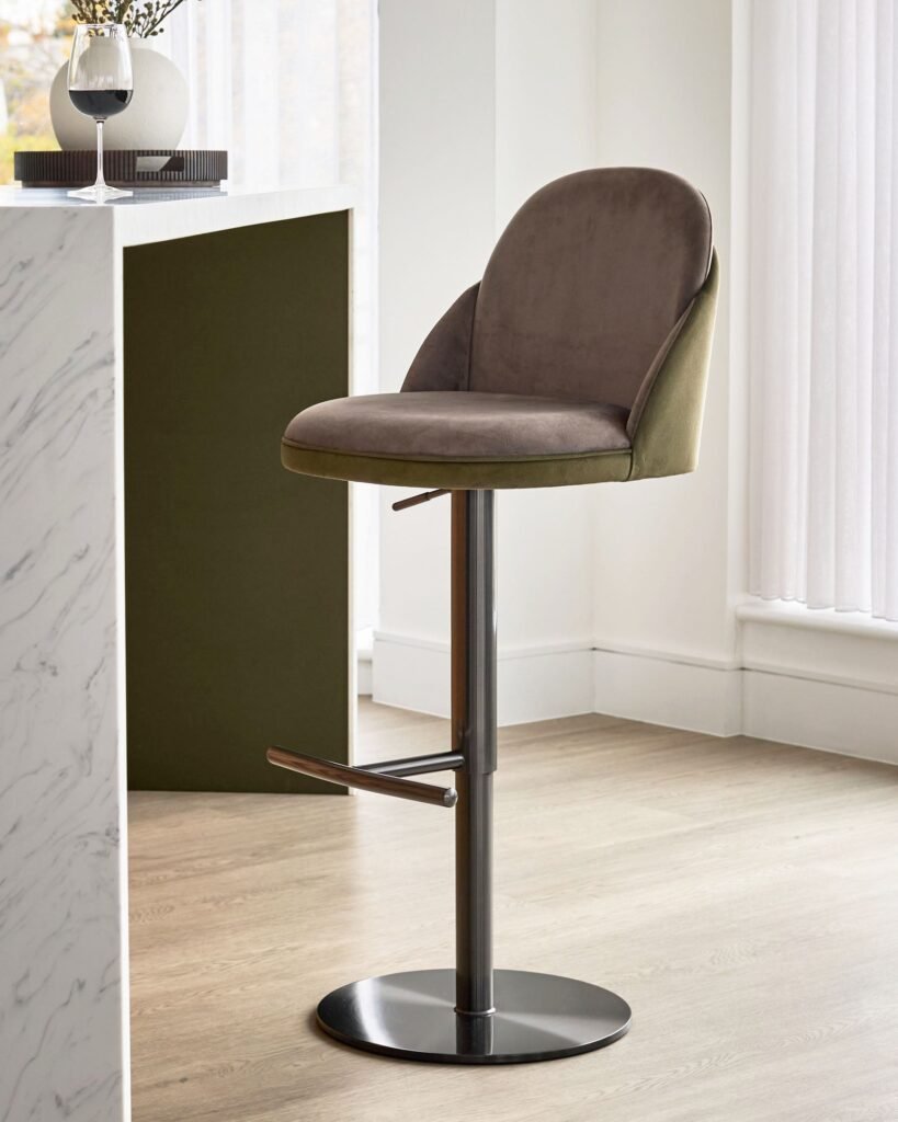 Myra olive green velvet and Dusk England mocha velvet gas lift bar stool Front