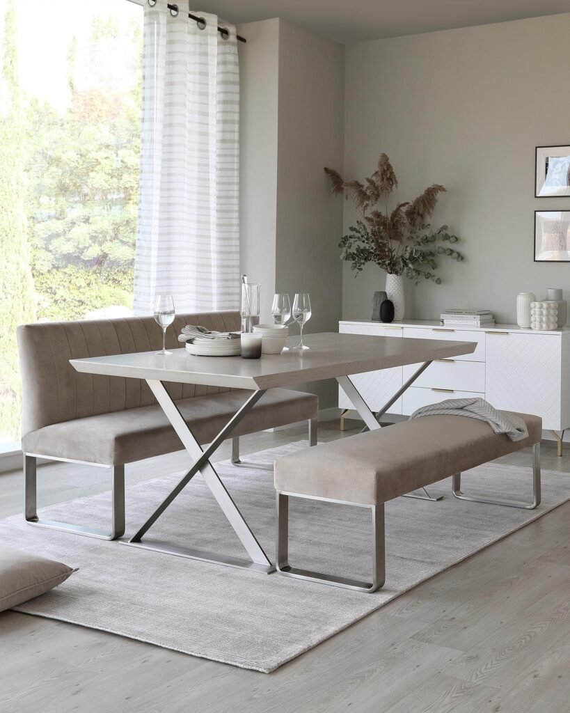 Ophelia 3 Seater Champagne Velvet & Stainless Steel Bench Without Backrest – Dusk England Front