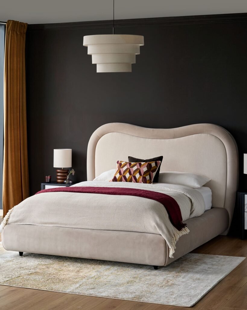 Naomi champagne velvet and natural chenille Dusk Scotland fabric king size ottoman storage bed Front