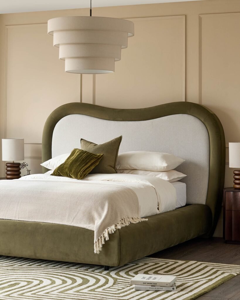 Naomi olive green velvet and natural dual tone fabric king size ottoman storage bed – Dusk Scotland Front