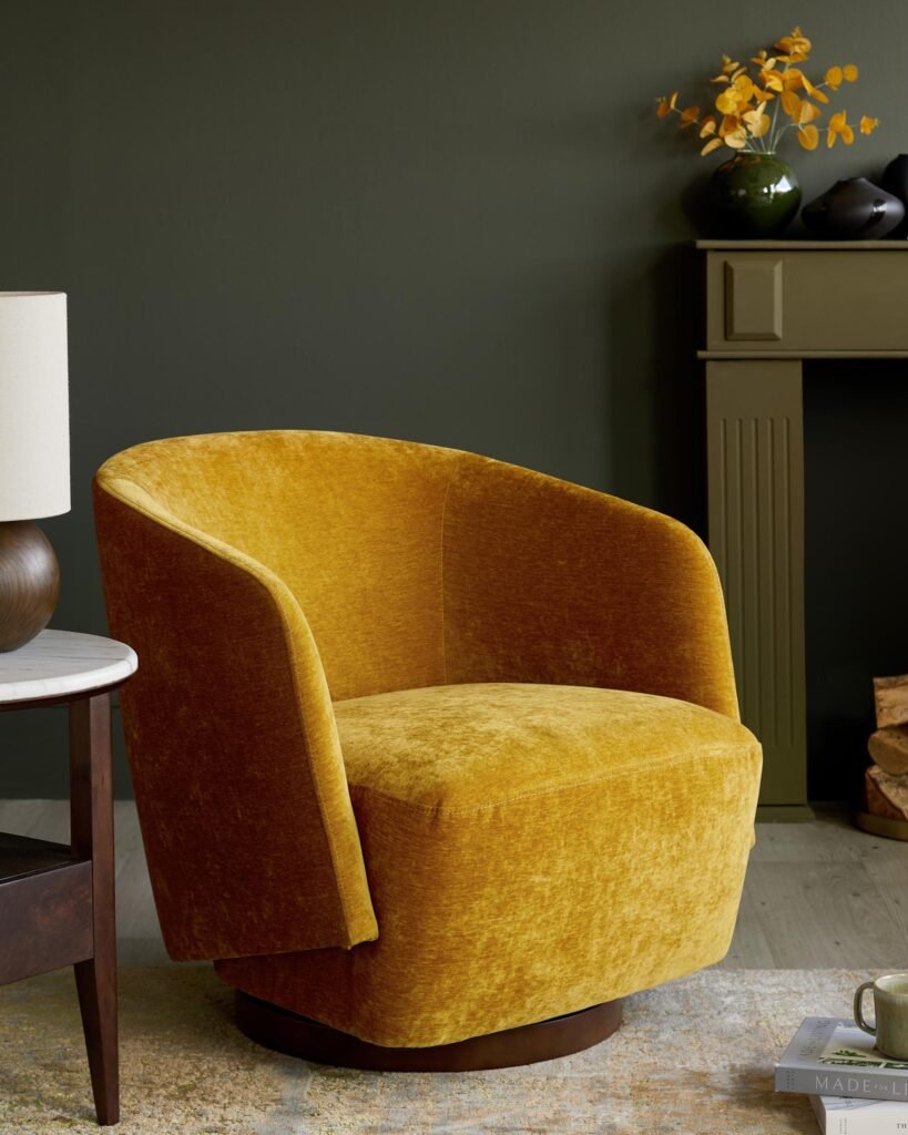 Natalia ochre chenille swivel accent chair – Dusk Scotland Front