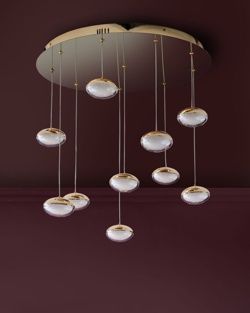 Nina soft gold with clear glass LED adjustable 10 pendant light – Dusk Scotland Front