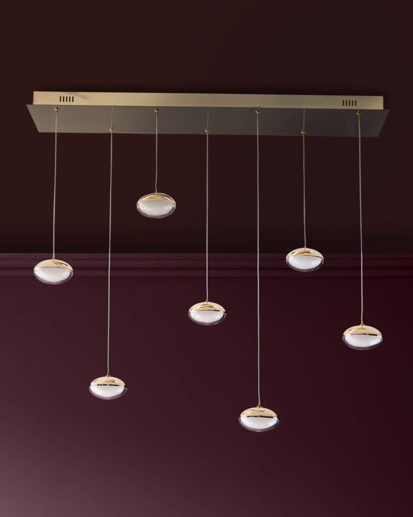 Nina soft gold with clear Dusk England glass LED adjustable 7 pendant light Front
