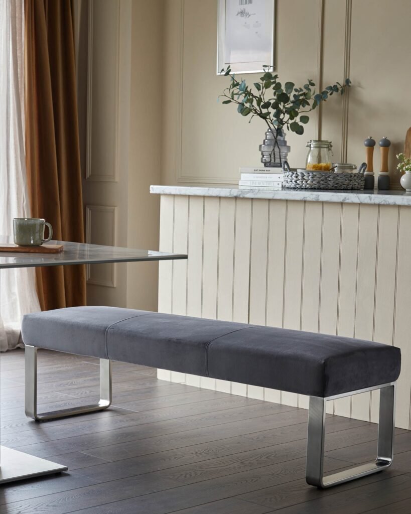 Ophelia 3 Seater Dark Grey Velvet Stainless Steel Bench Without Backrest – Dusk Front