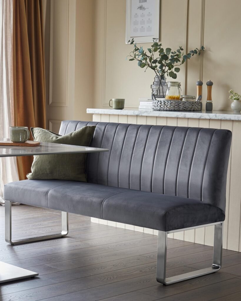 Dusk England Ophelia dark grey velvet 3 seater dining bench with backrest Front