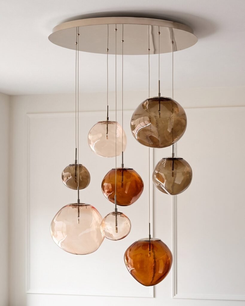 Orla mocha, caramel and champagne glass 8 bulb pendant light – Dusk Scotland Front