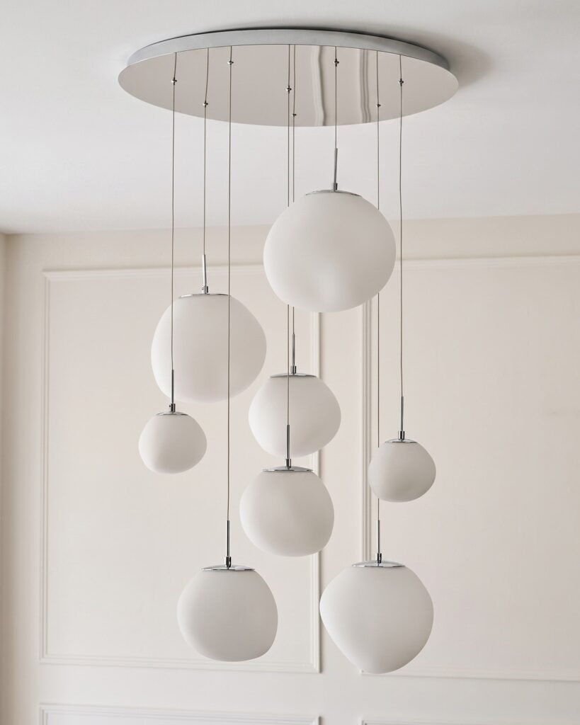 Orla white glass 8 bulb pendant light – Dusk Front