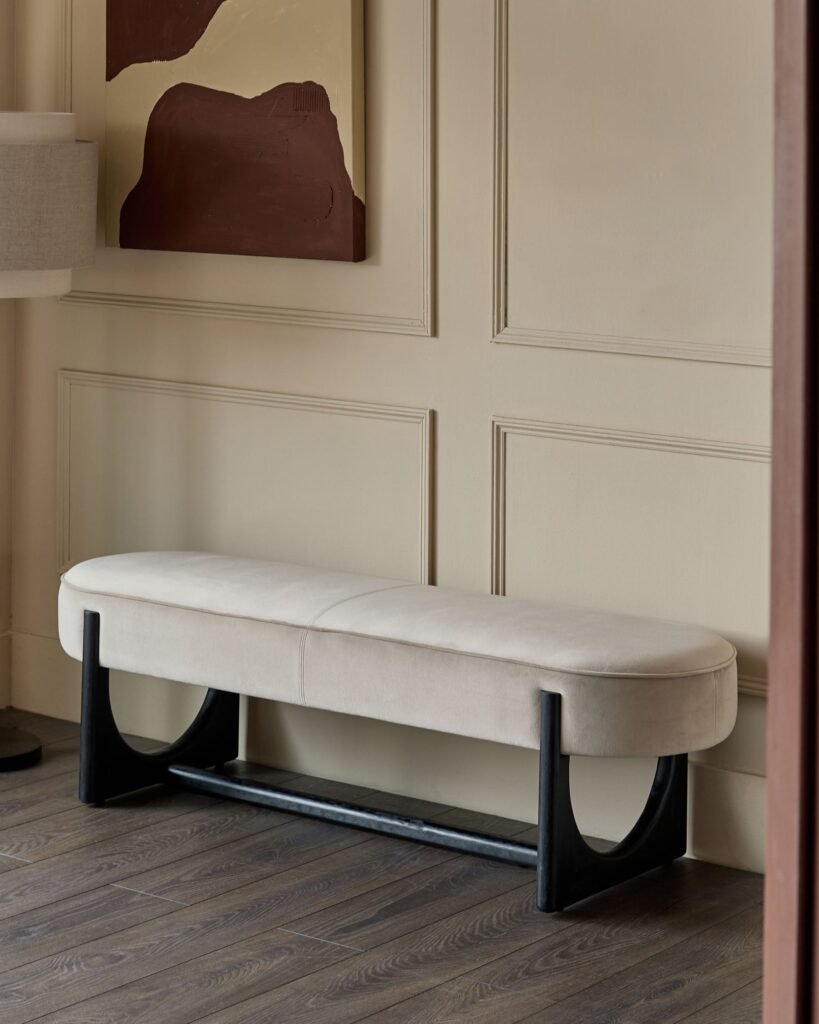 Orlan champagne velvet 3 seater bench without backrest – Dusk Scotland Front