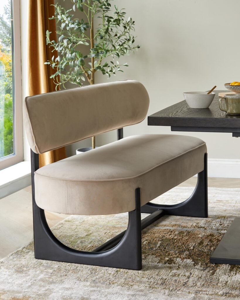 Orlan champagne velvet 3 seater dining bench with backrest – Dusk Front