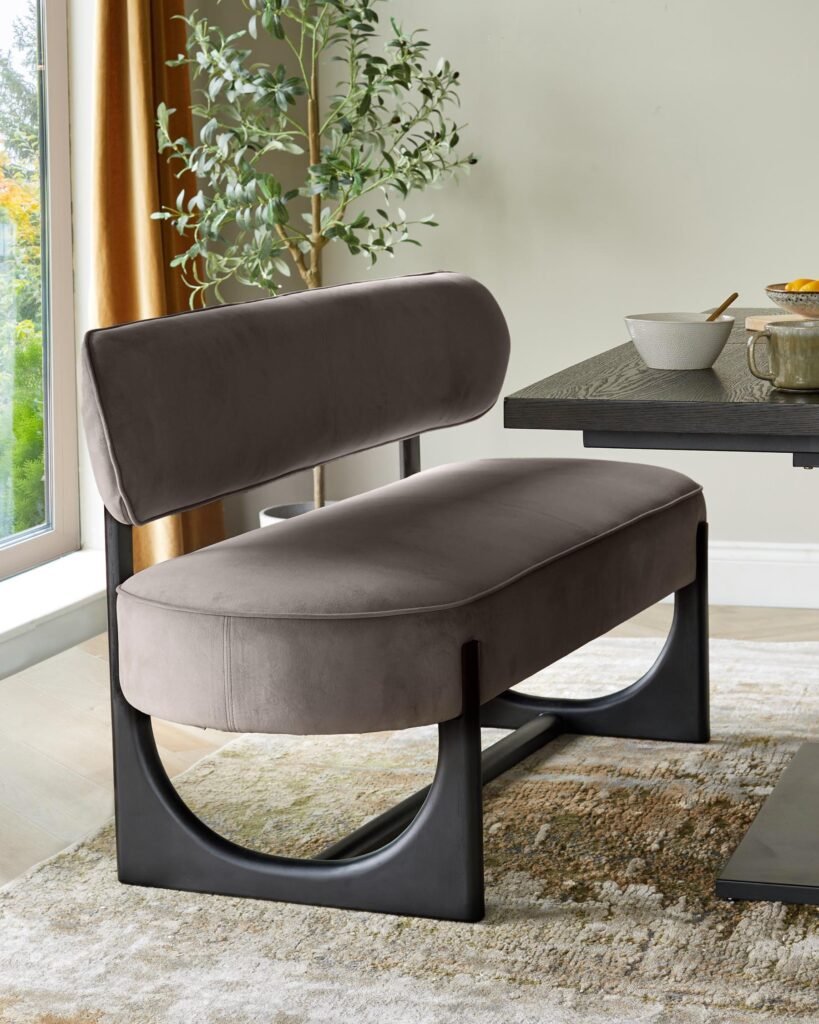 Dusk Scotland Orlan mocha velvet 3 seater dining bench with backrest Front