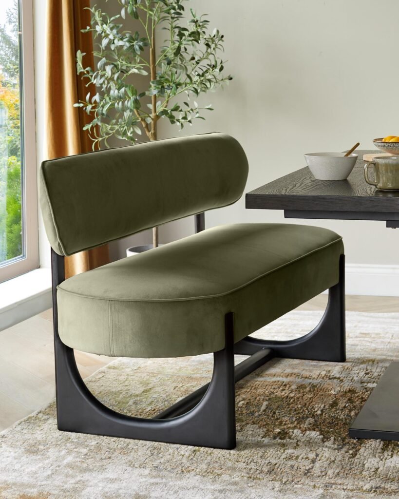 Orlan olive green velvet 3 seater dining bench with backrest – Dusk Scotland Front