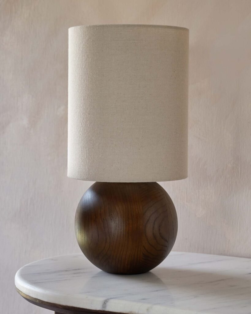 Dusk England Orlan natural linen and dark wood table lamp Front