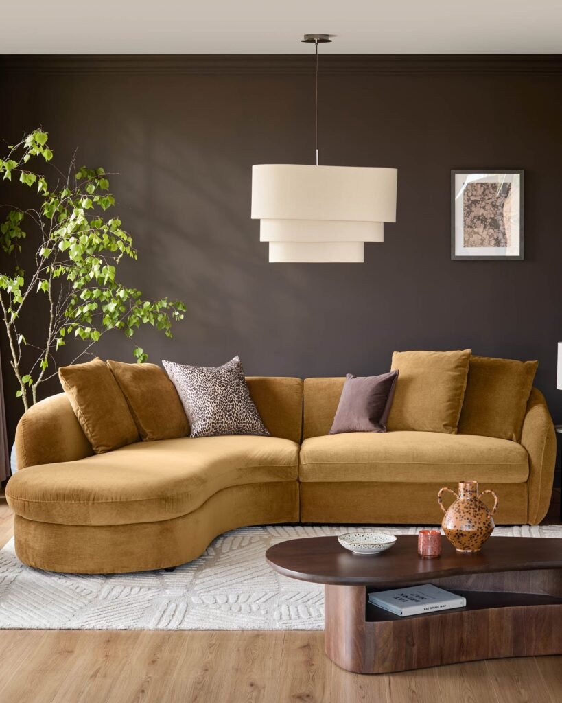 Dusk Scotland Ottilie ochre chenille left hand corner chaise sofa Front