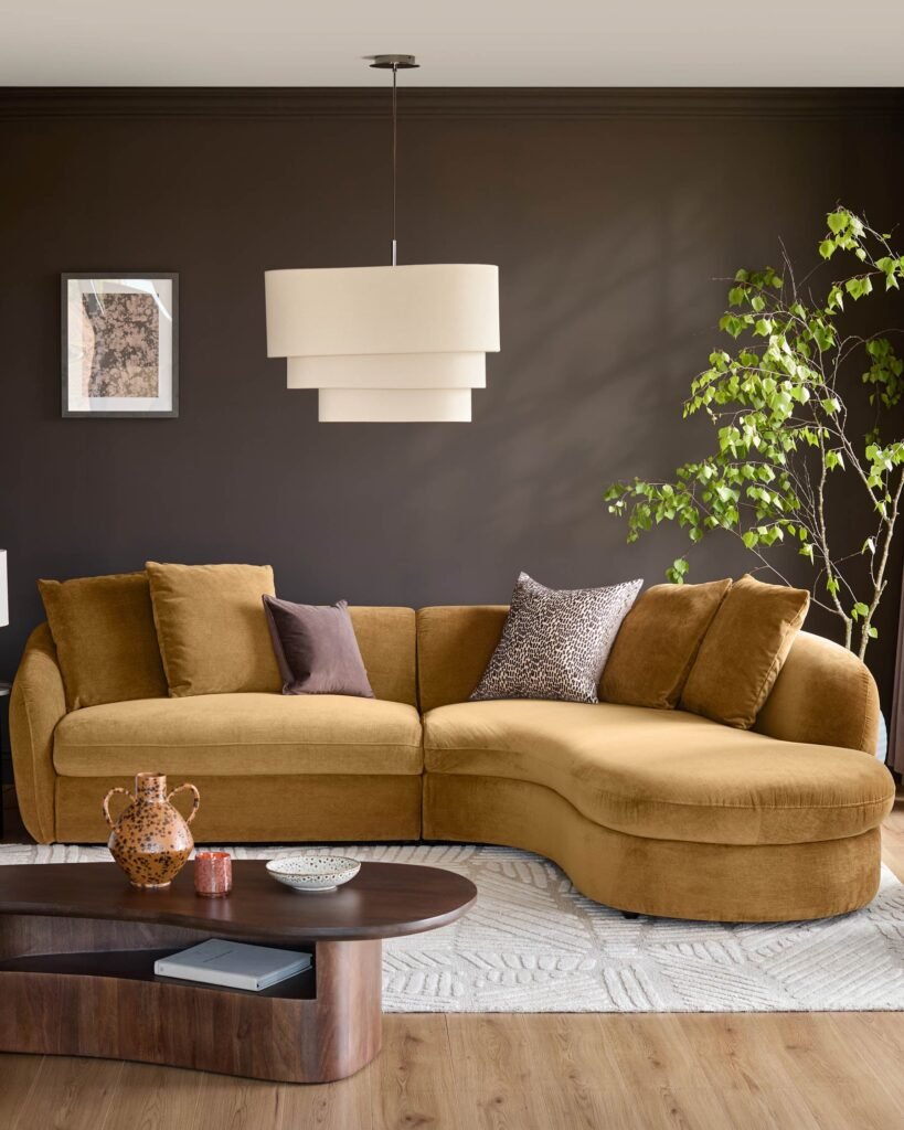 Ottilie ochre chenille right hand corner chaise sofa – Dusk Front