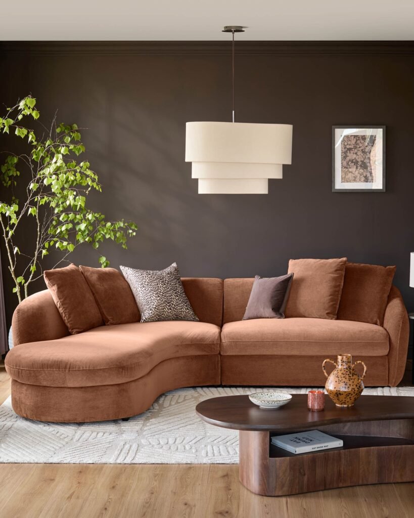 Dusk England Ottilie apricot chenille left hand corner chaise sofa Front