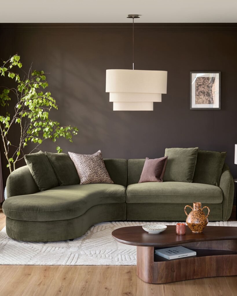 Dusk Scotland Ottilie olive green chenille left hand corner chaise sofa Front