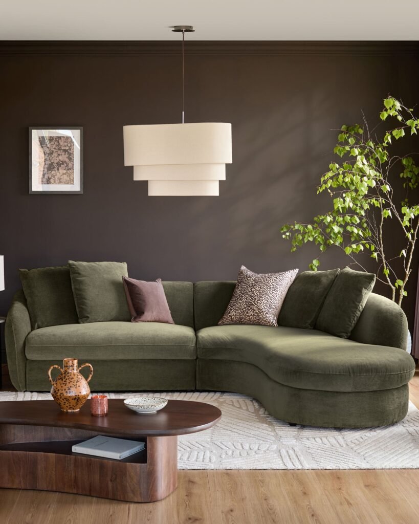 Dusk Ottilie olive green chenille right hand corner chaise sofa Front
